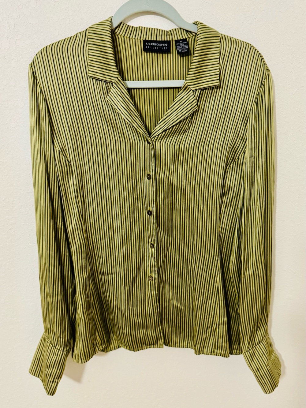 Liz Claiborne 100% Silk Vintage Olive and Black Stripe Button-Down Shirt Size 14